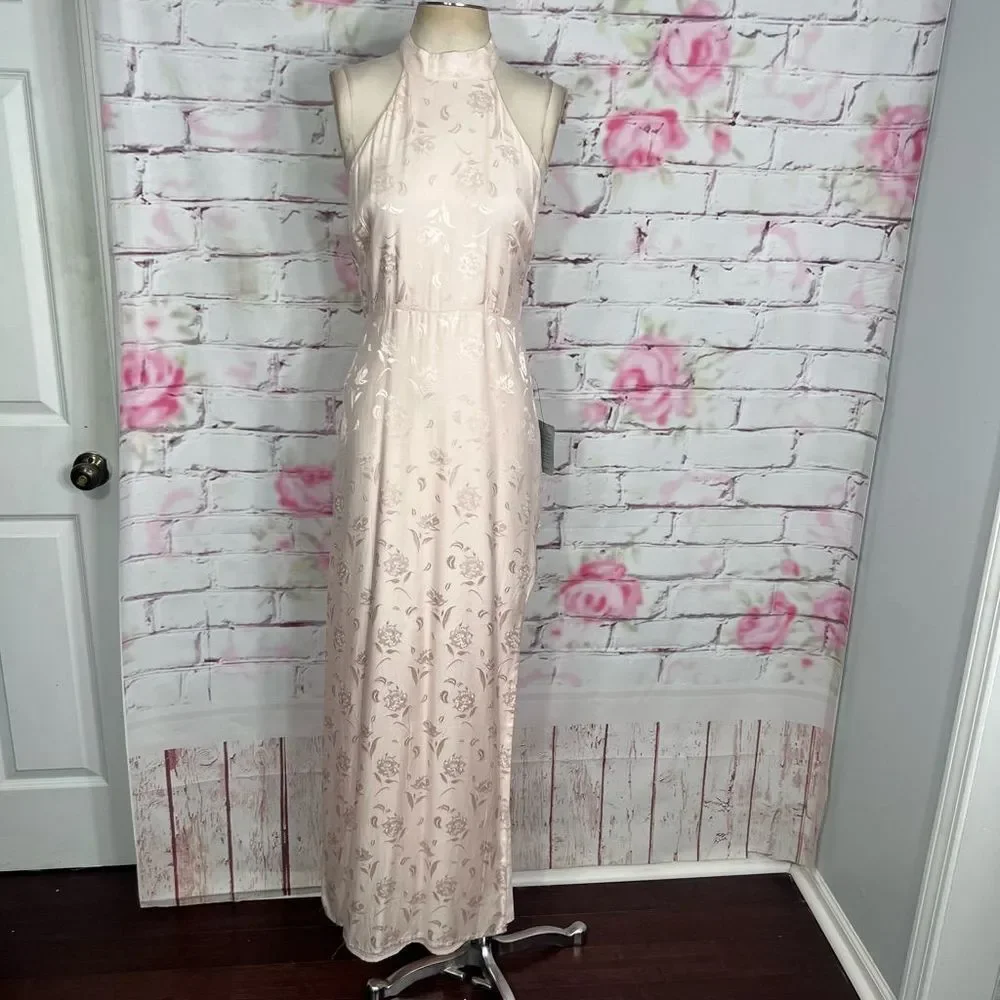 Lulu’s nwt Red Carpet Ready Light Rose Floral Satin Jacquard Maxi Dress - Picture 6 of 14